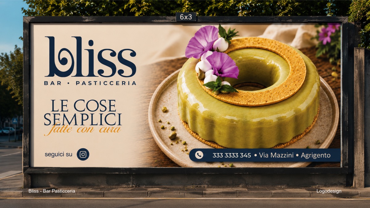 BLISS Bar Pasticceria: logo e applicazione su un manifesto pubblicitario