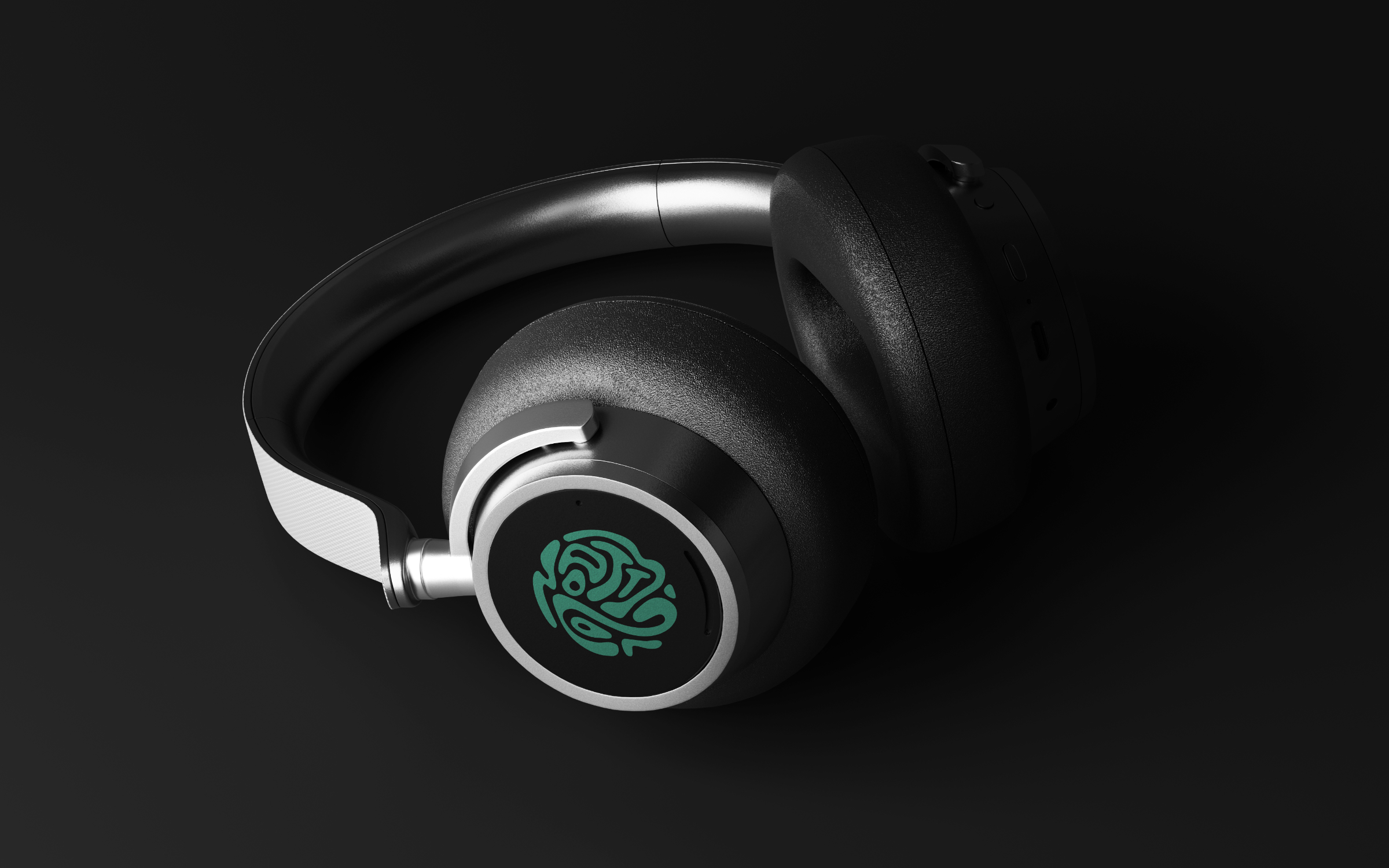 Mockup di cuffie nere con pittogramma Matto Sound verde sul padiglione.