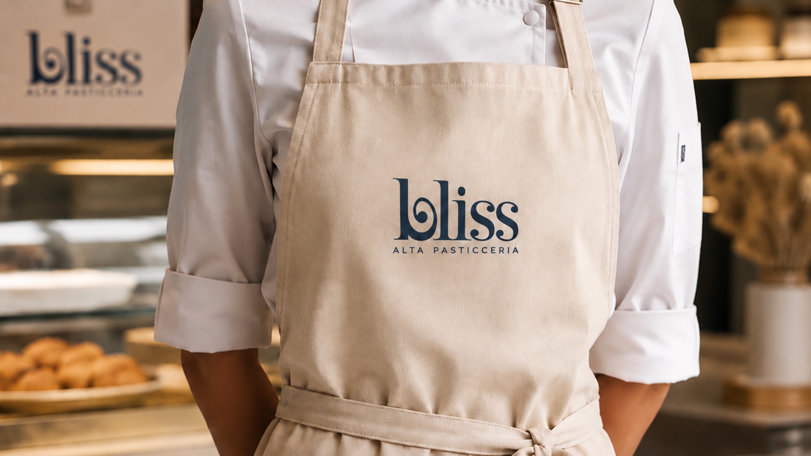 Grembiule crema con logo BLISS e payoff Alta Pasticceria.