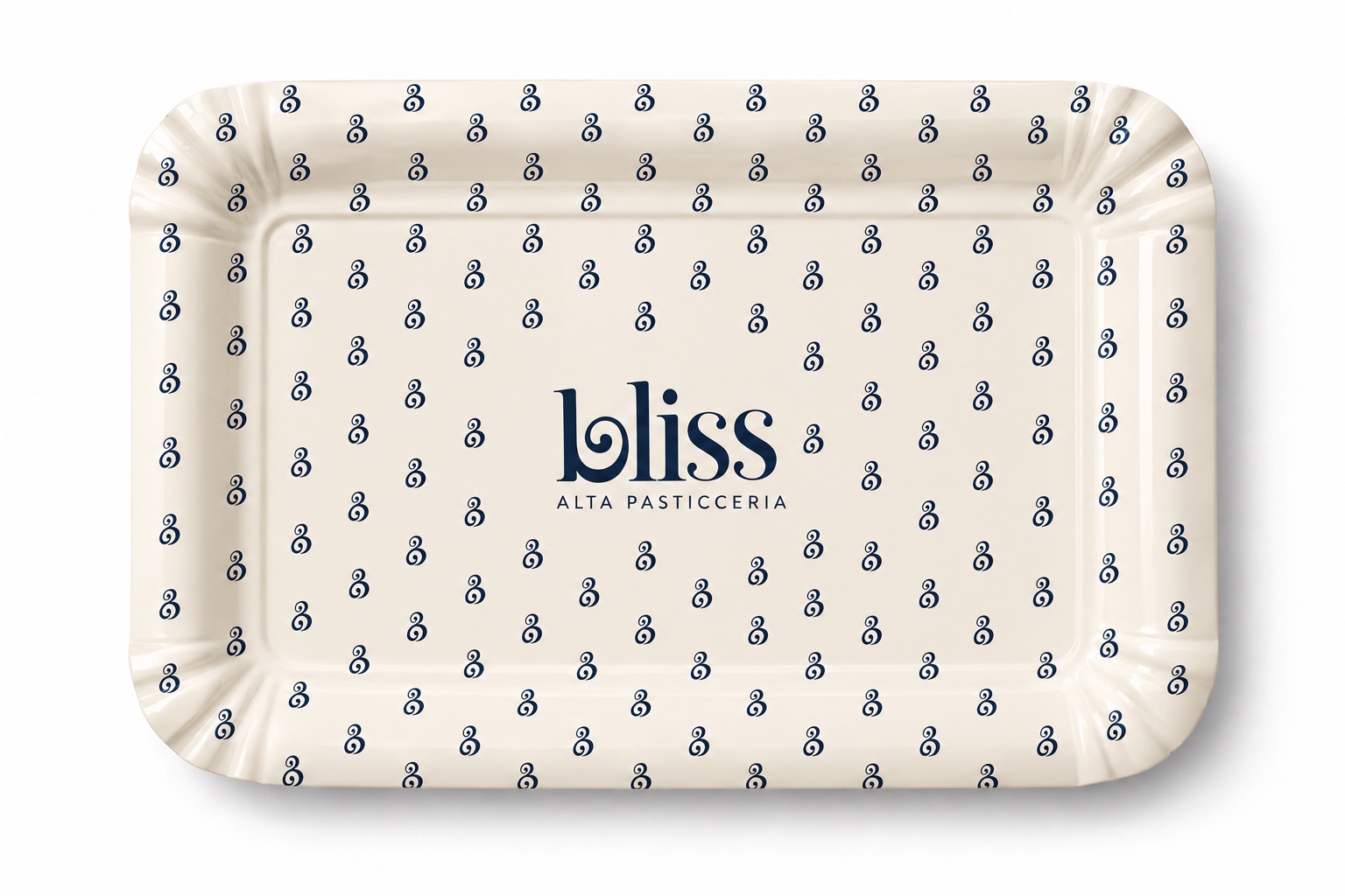 Vassoio crema con pattern BLISS e logo Alta Pasticceria.