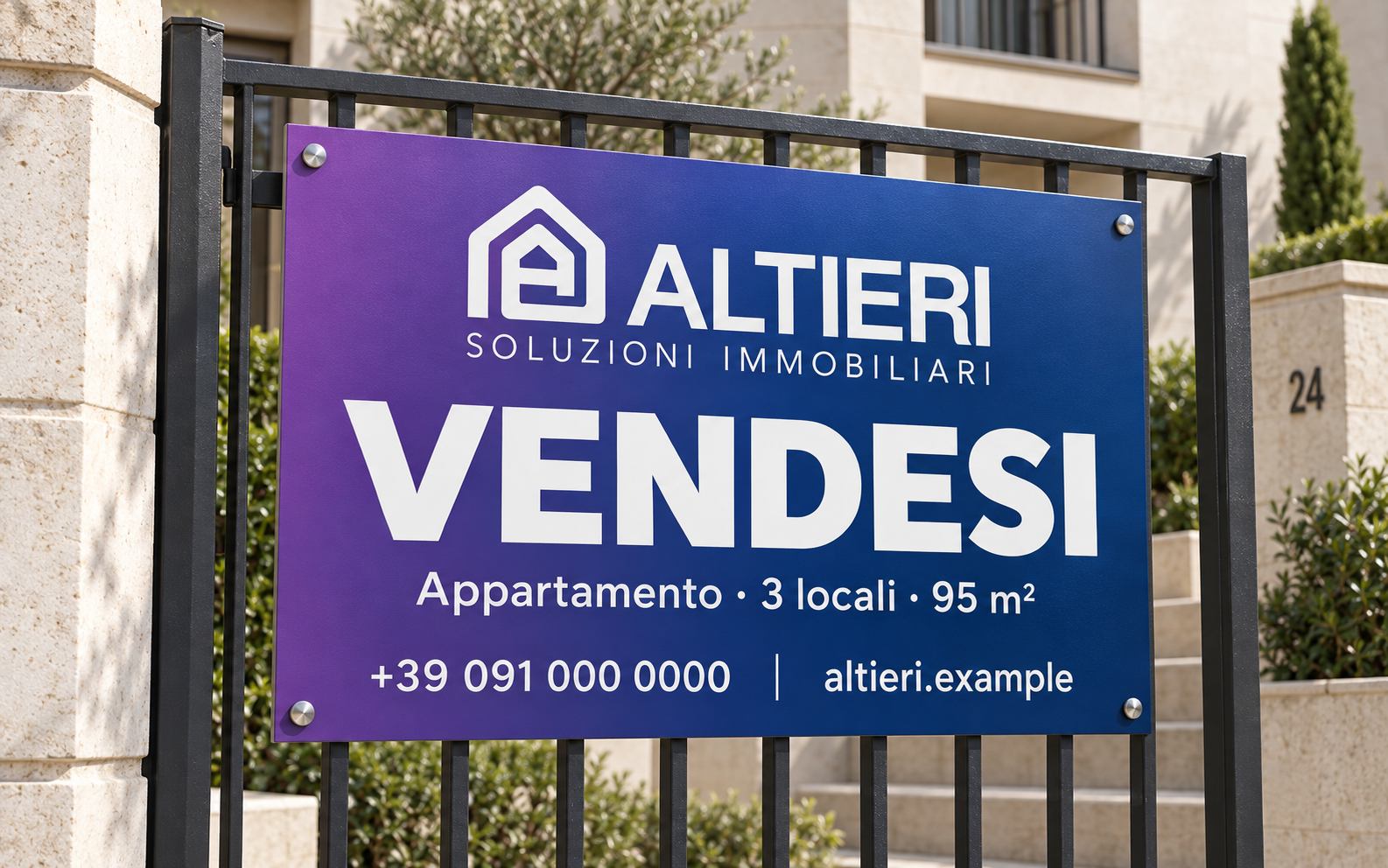 Cartello Vendesi Altieri con identità viola e blu