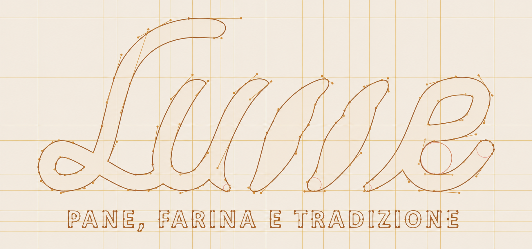 Griglia di costruzione del lettering Lume con contorni, punti e linee guida nei colori del brand.