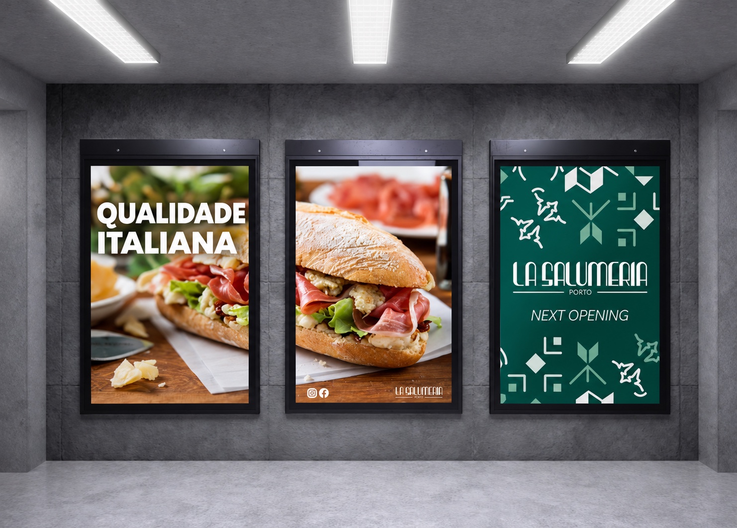 Poster pubblicitari La Salumeria con panini italiani e verde smeraldo ufficiale.