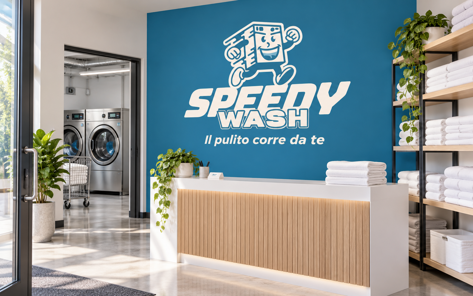Lavanderia Speedy Wash con parete brandizzata e banco ritiro