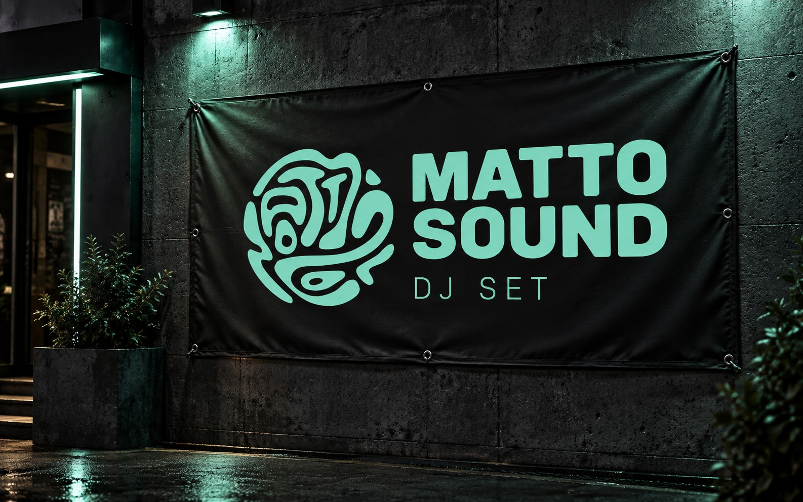 Mockup di banner nero Matto Sound con logo verde menta e dicitura DJ SET.