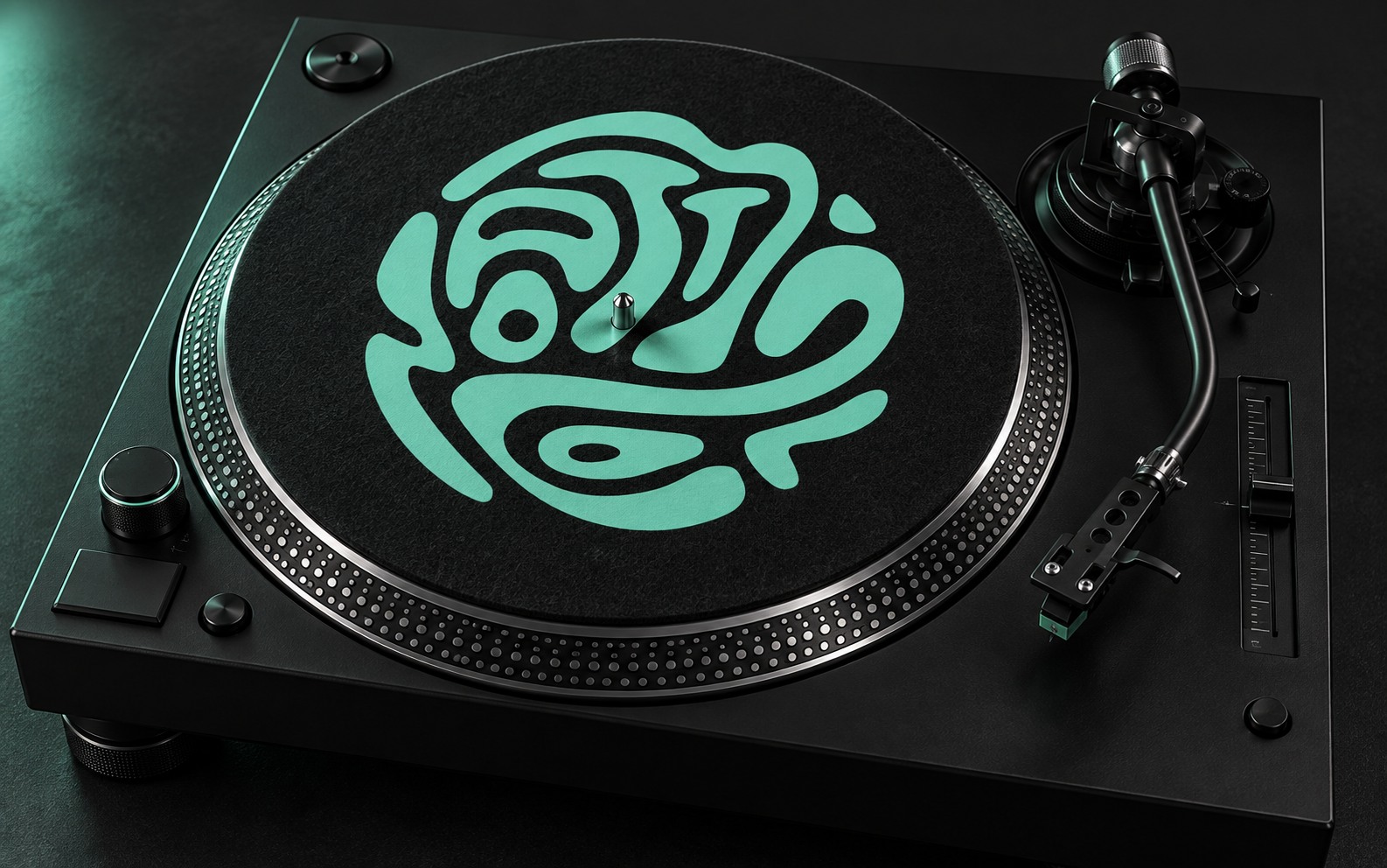Mockup di slipmat nero su giradischi con simbolo circolare Matto Sound verde menta.