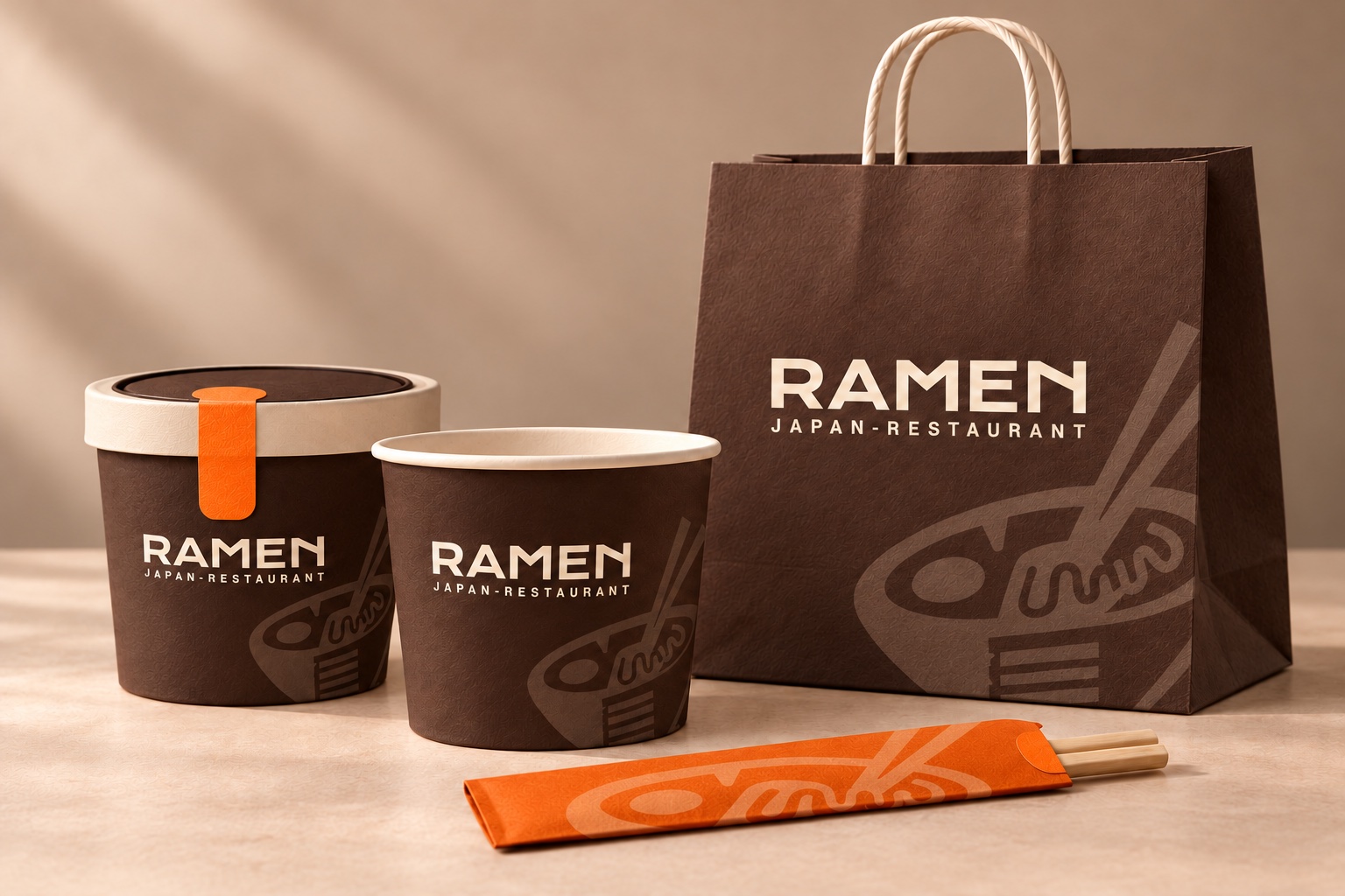 Packaging Ramen marrone e crema con sigillo e custodia delle bacchette arancioni.
