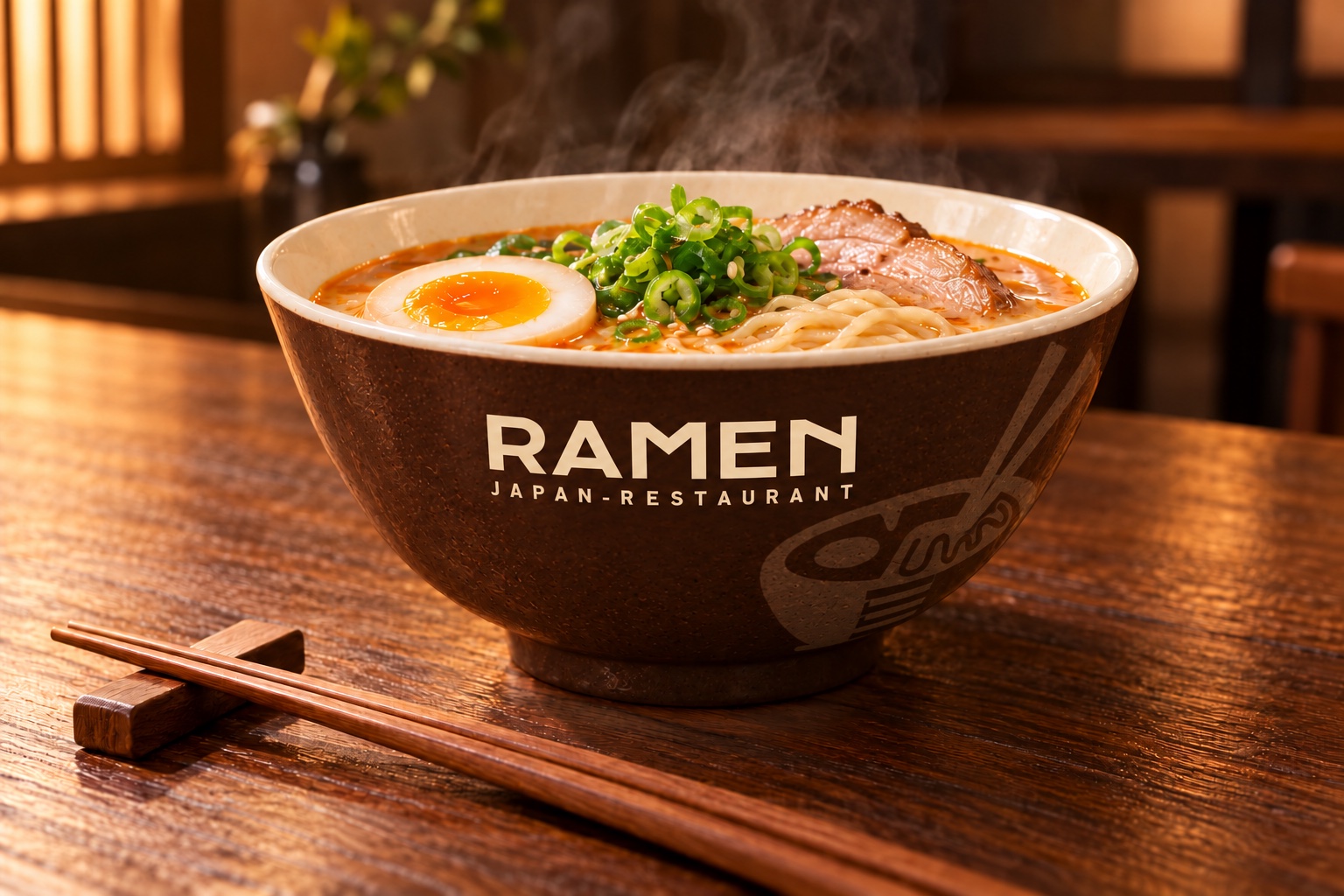 Ciotola Ramen marrone con bordo crema, scritta originale e pittogramma tenue sulla destra.