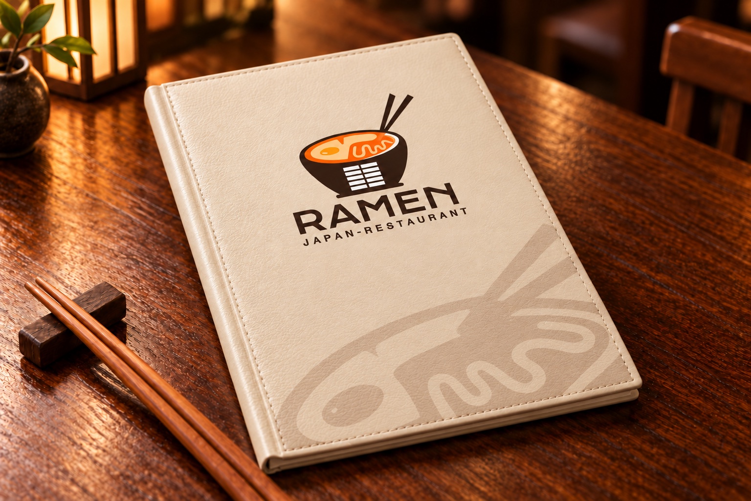 Menù Ramen in similpelle crema con logo completo a colori e pittogramma ingrandito in trasparenza.